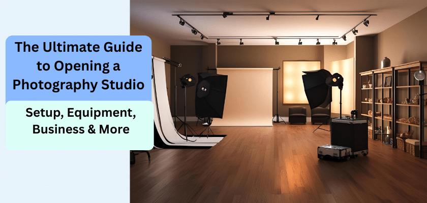 A photography studio with professional lighting setup, equipment, and background ready for photo shoots.